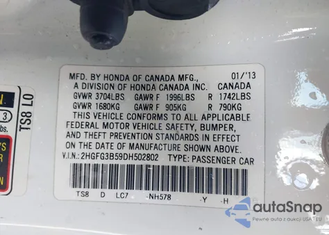 2013 Honda Civic Lx z USA, uszkodzony, nr VIN 2HGFG3B59DH502802